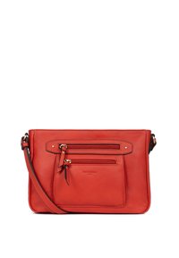 Borsa a tracolla rossa in pelle con diverse tasche con zip, texture liscia e tracolla regolabile. Presenta accenti in hardware dorato.