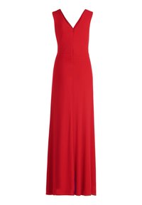 Langes rotes Kleid mit V-Ausschnitt, ärmellosem Design und gerafftem Bund. Aus weichem Material gefertigt, verfügt es über einen bodenlangen Rock und einen Reißverschluss hinten.