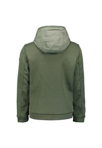 Groene hoodie met een textuur ribbenontwerp, een lichtere groene gewatteerde capuchon, elastische boorden en een neutrale, eenvoudige constructie.