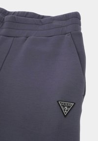 Vyrų pilkos sportinės kelnės su elastinga juostos juosta, su trikampiu juodu audiniu ir "GUESS" logotipu. Lygus audinio paviršius.
