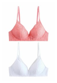 Sutiene dantelate roz și albe cu un model floral, având bretele ajustabile și un finisaj neted. Fiecare are o formă triangulară.