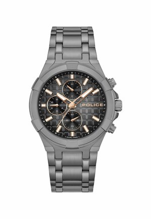 Gray metal chronograph watch with a textured black dial, rose gold accents, and a stainless steel bracelet. Features three sub-dials and date display.