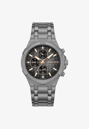 Graue Metall-Chronographenuhr mit einem strukturierten schwarzen Ziffernblatt, rosegoldenen Akzenten und einem Armband aus Edelstahl. Verfügt über drei Hilfsziffernblätter und eine Datumsanzeige.