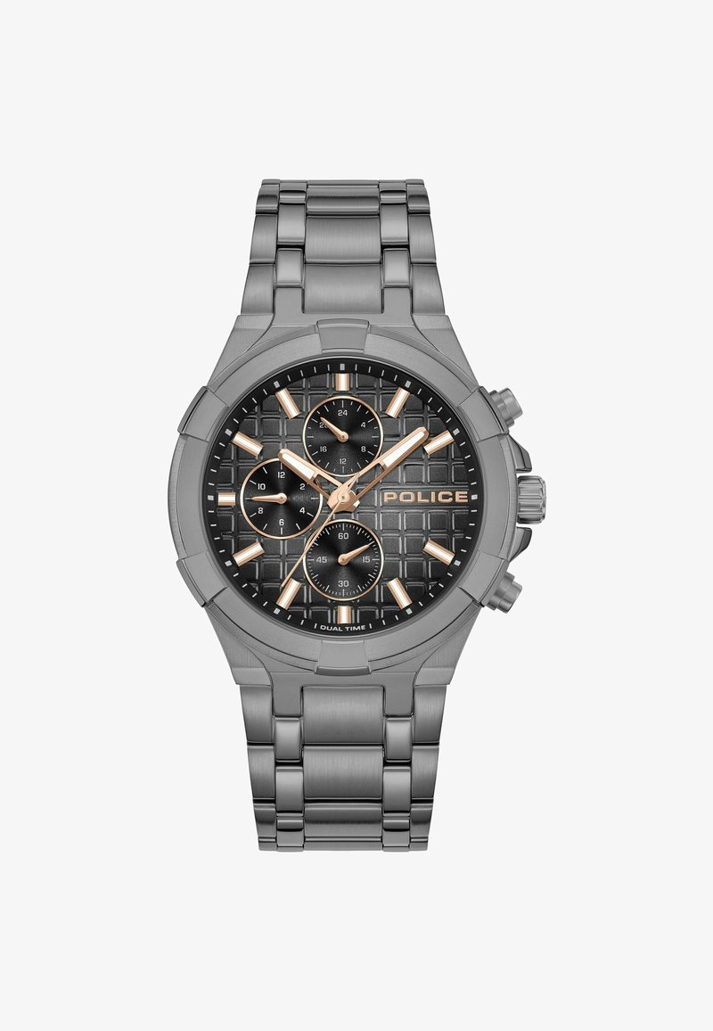 Pilkas metalinis chronografas su tekstūruotu juodu ciferblatu, rožinės aukso akcentais ir nerūdijančio plieno braceletu. Yra trys subciferblatai ir datos rodymas.