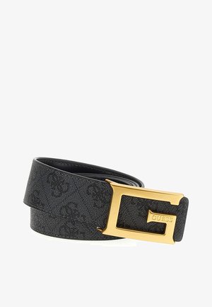 Schwarzer, gemusterter Gürtel mit einer goldenen rechteckigen Schnalle, die ein ausgeschnittenes "G"-Logo zeigt, aus strukturiertem Material gefertigt.