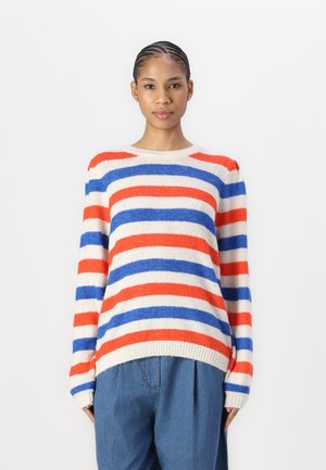 Pulover rayat în crem, cu dungi late roșii și albastre, guler rotund și mâneci lungi. Material knit moale, texturat.