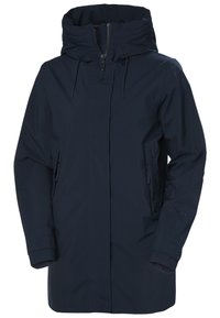 Chubasquero azul marino impermeable con un cuello alto, cierre frontal con cremallera y dos bolsillos laterales. Incluye cordones ajustables en la capucha y los puños.