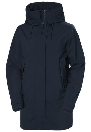 Chubasquero azul marino impermeable con un cuello alto, cierre frontal con cremallera y dos bolsillos laterales. Incluye cordones ajustables en la capucha y los puños.