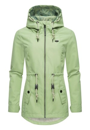 Light green waterproof jacket with a hood, adjustable drawstrings, and two front pockets. Interior features a leaf-patterned lining.