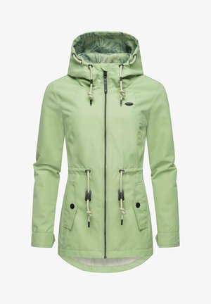 Light green waterproof jacket with a hood, adjustable drawstrings, and two front pockets. Interior features a leaf-patterned lining.