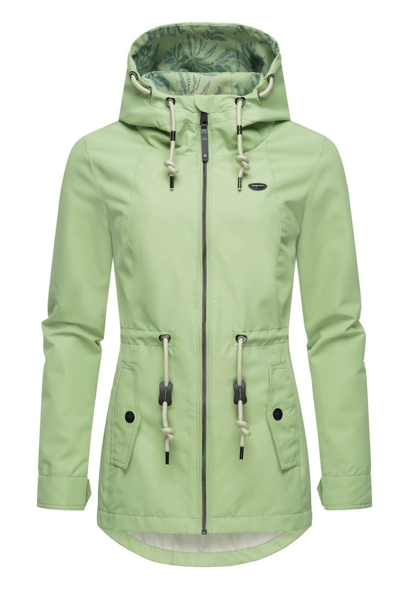 Giacca impermeabile verde chiaro con cappuccio, cordini regolabili e due tasche frontali. L'interno presenta una fodera a motivo foglia.