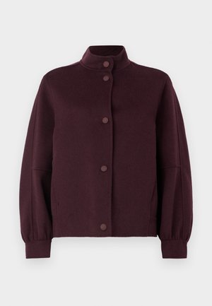 Dark purple button-up wool jacket with high collar, long slightly puffed sleeves, and fitted cuffs on a white background.