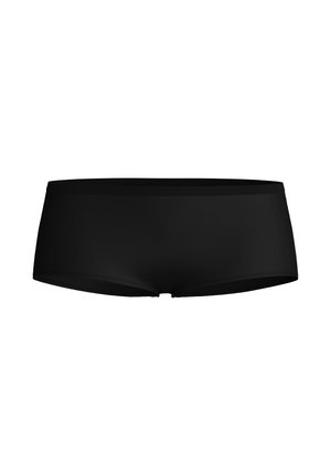 Zwarte hipster slips gemaakt van gladde stof met een naadloos ontwerp, voorzien van een brede, zachte tailleband en zonder zichtbare patronen of hardware.