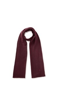 Burgundy šála vyrobená z měkkého materiálu, s žebrovanou strukturou podél okrajů a logem na jednom konci. Dlouhý a univerzální design.