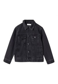 Svart denimjacka med krage, framknäppning med knappar, två bröstfickor och sidofickor. Har sömsytt detaljer och uppvikta ärmar.