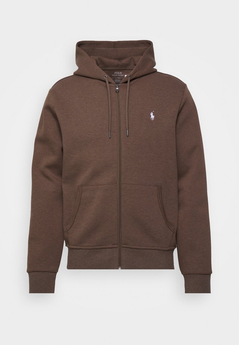 Sweat à capuche marron zippé avec poches avant, capuche avec cordon et petit logo blanc Polo Ralph Lauren sur la poitrine gauche.