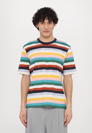 Striped short-sleeve t-shirt featuring multi-colored horizontal stripes in green, pink, yellow, and blue, with a dark neckline.