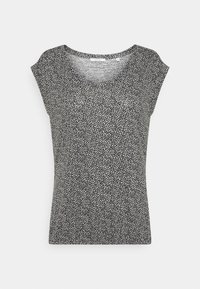 Černobílé krátké rukávy tričko s kulatým výstřihem, zdobené rozptýleným květinovým vzorem, vyrobené z lehké tkaniny.