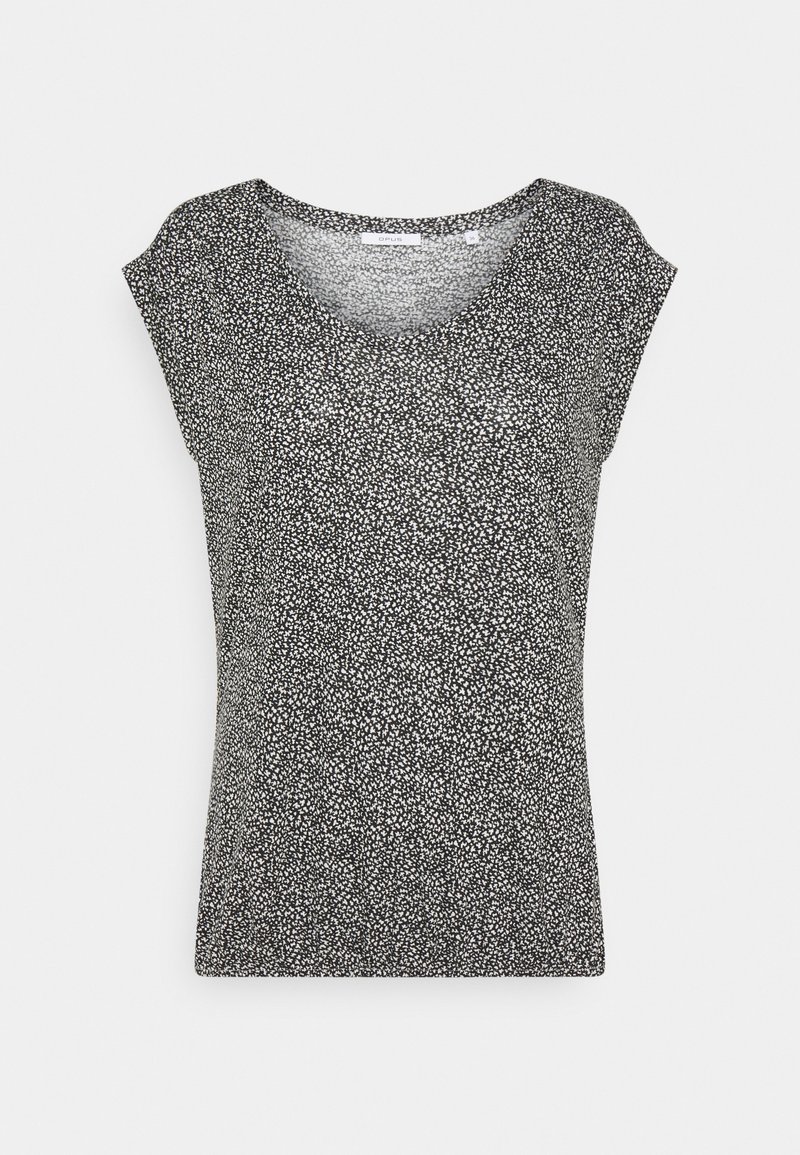 Černobílé krátké rukávy tričko s kulatým výstřihem, zdobené rozptýleným květinovým vzorem, vyrobené z lehké tkaniny.