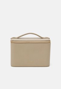 Beige rectangular bag with a textured surface, top handle, and gold zipper. Features a subtle brand logo embossed on the front.