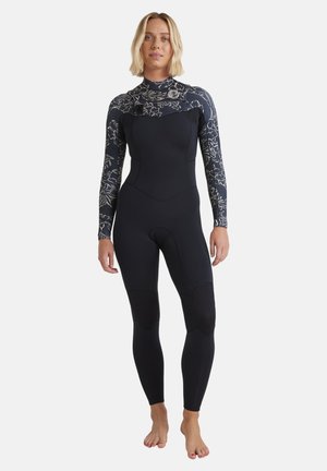 Full-body wetsuit in black with a patterned dark blue and white upper. Features long sleeves, a high neckline, and knee pads for durability.