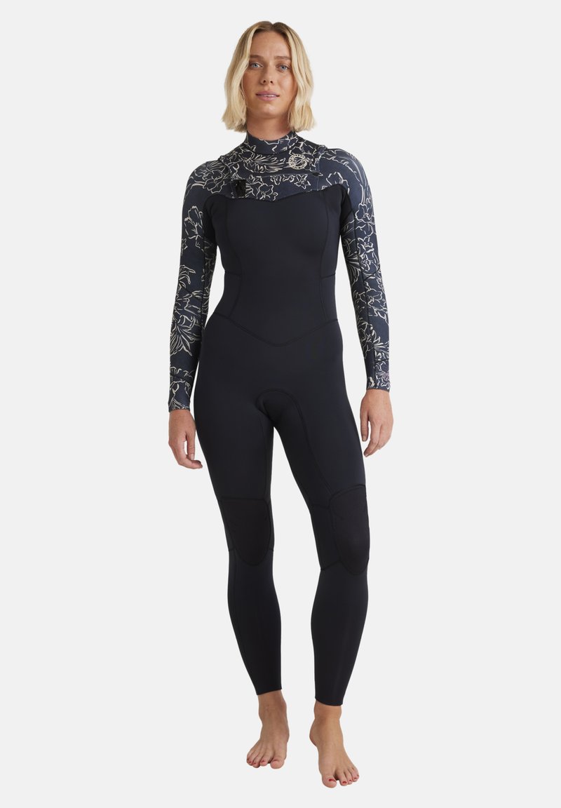 Full-body wetsuit in black with a patterned dark blue and white upper. Features long sleeves, a high neckline, and knee pads for durability.