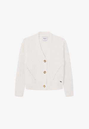 White knit cardigan featuring a V-neck, ribbed hem, four large buttons, and side detailing with intricate stitch patterns.