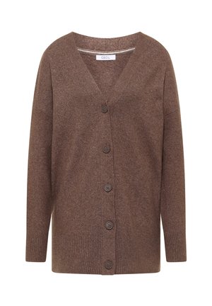 Cardigan marron avec un col en V, une patte de boutonnage à l'avant et des poignets et ourlet côtelés. Confectionné dans un matériau doux et texturé. Comprend cinq boutons marron.