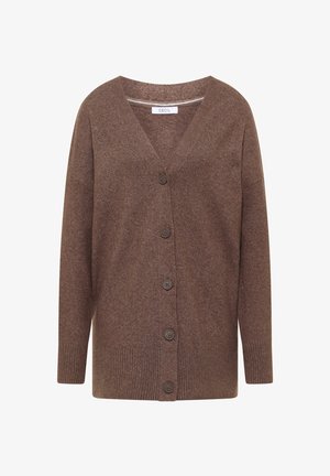 Hnědý cardigan s výstřihem do V, zapínáním na knoflíky vpředu a žebrovanými manžetami a lemy. Vyroben z měkkého, strukturovaného materiálu. Má pět hnědých knoflíků.