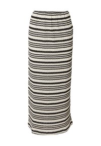 Gebreide midi rok met een zwart-wit gestreept patroon, voorzien van een elastische tailleband en een rechte snit. Zachte textuur.