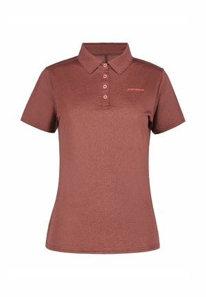 Polo à manches courtes de couleur rouge foncé avec quatre boutons et petit logo sur le côté gauche de la poitrine, coupe ajustée, col inclus.