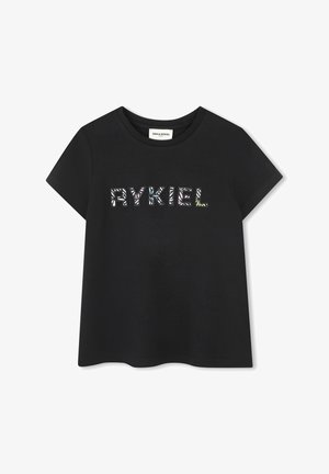 T-shirt en coton noir avec le mot "RYKIEL" dans un design coloré et à motifs. Manches courtes et col rond, coupe décontractée.