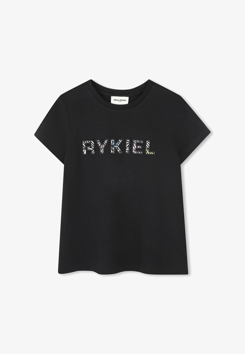 T-shirt en coton noir avec le mot "RYKIEL" dans un design coloré et à motifs. Manches courtes et col rond, coupe décontractée.