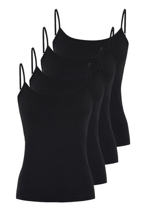 Vier schwarze Baumwoll-Camisole-Tops, jeweils mit dünnen Trägern, einer weichen Textur und einem figurbetonten Design. Keine sichtbaren Muster oder Hardware-Details.