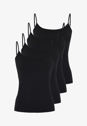 Four black cotton camisole tops, each with thin straps, a soft texture, and a fitted design. No visible patterns or hardware details.