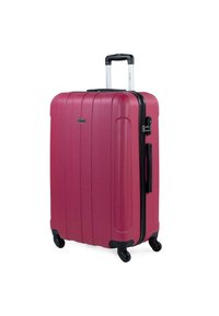 Maleta rígida de color rosa oscuro con surcos verticales, cremallera negra y asa extensible. Cuenta con cuatro ruedas para una fácil maniobrabilidad.