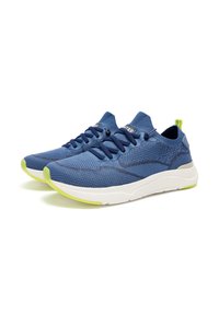 Blue athletic shoes with a mesh upper, featuring dark blue laces and a white midsole accented with bright green details at the heel and toe.