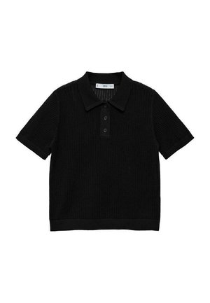 Černé polo tričko s krátkým rukávem, texturovaným pleteným vzorem, zapínáním na tři knoflíky a žebrovaným límcem a spodním lemem.