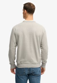 Sweatshirt gris clair avec col rond, poignets et ourlet côtelés. Coupe décontractée vue de dos, associée à un jean bleu. Texture lisse.