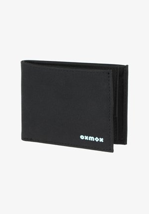 Black bifold wallet with stitched edges and small "oxmox" logo in light blue on the bottom right corner.
