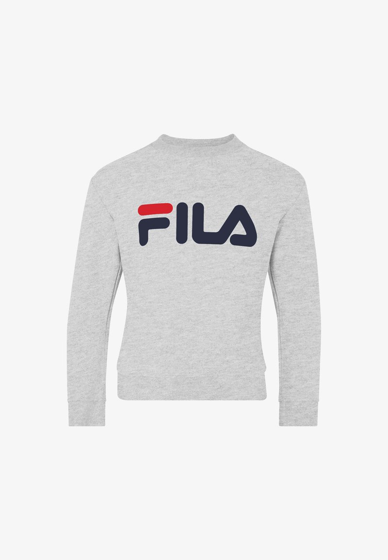Felpa grigia in misto cotone, con un grande logo FILA in blu navy e rosso sul retro. Scollo rotondo e polsini a coste.
