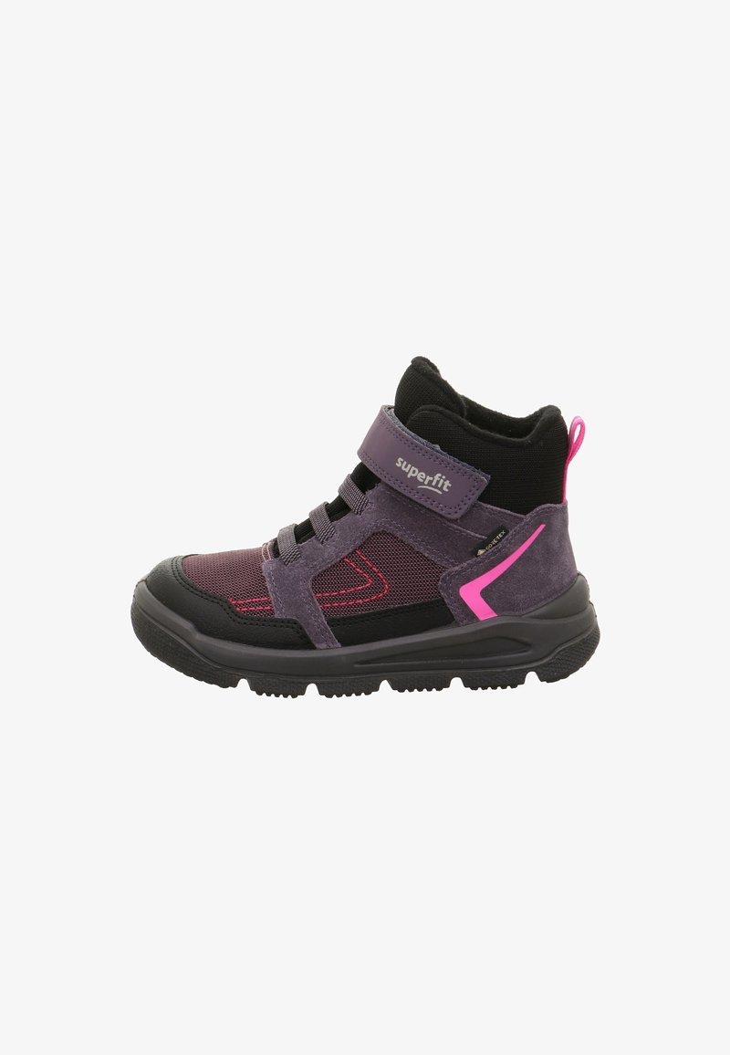 Kinderen hoge sneakers in paars en zwart met roze accenten, klittenbandsluiting met het label "superfit" en een dikke, gestructureerde zool.