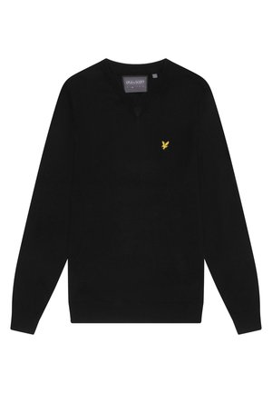 Schwarzer V-Ausschnitt-Pullover aus weichem Stoff, mit langen Ärmeln und einem kleinen gelben Adler-Logo auf der linken Brust. Keine Muster oder Verzierungen.