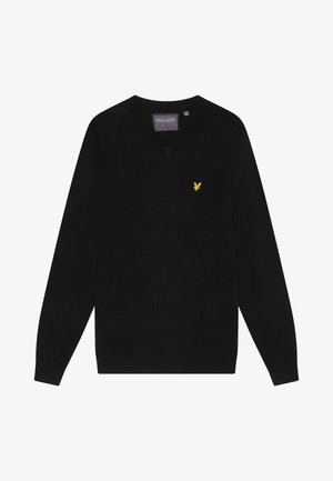 Schwarzer V-Ausschnitt-Pullover aus weichem Stoff, mit langen Ärmeln und einem kleinen gelben Adler-Logo auf der linken Brust. Keine Muster oder Verzierungen.