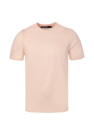 Light pink short-sleeve crew neck T-shirt with subtle text logo on left chest and black label inside collar, size medium.