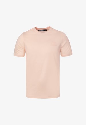 T-shirt rosa chiaro a maniche corte con scollo tondo, con un logo testuale discreto sul petto sinistro e etichetta nera all’interno del collo, taglia media.