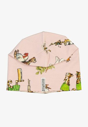 Lyserød bomulds hat prydet med fantasifulde illustrationer af katte og kyllinger, med et foldet design og et syet label, der beskriver kollektionen.