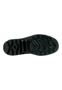 Suela de zapato de goma negra con un patrón de relieve que presenta surcos y crestas para una mejor tracción; formas hexagonales y diamantes visibles en el diseño.