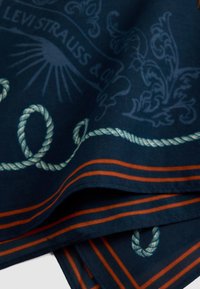 Tela azul oscura con un patrón de bucles de cuerda azul claro, remolinos decorativos y finas franjas dobles naranjas a lo largo del dobladillo.