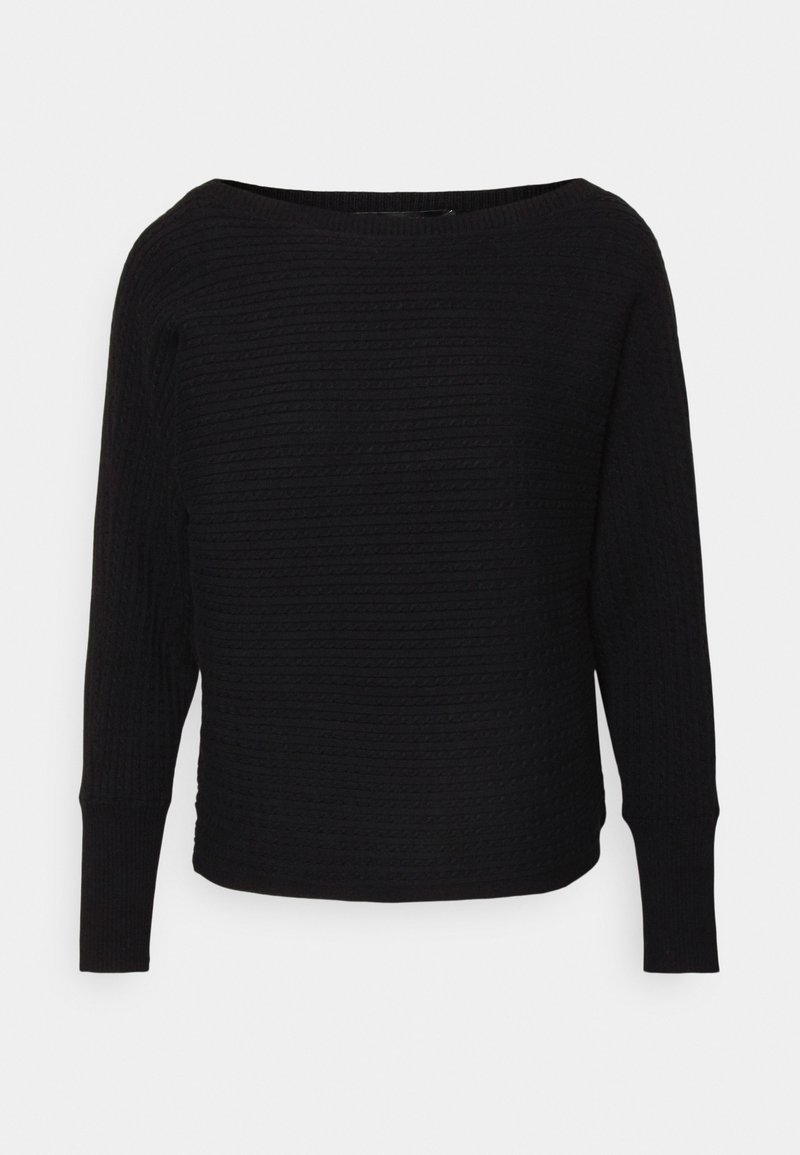Pull en maille noir à manches longues avec un large col rond et un motif texturé horizontal subtil.